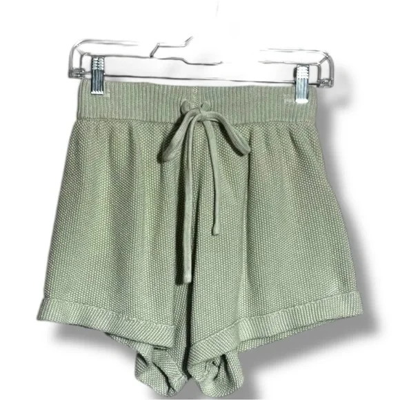 Lily High Waist Mint Green/Cream Elastic Waist With Drawstring Knit Micro Shorts - Picture 2 of 11